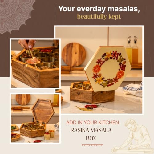 Image of Rasika Acacia Wood & Brass Masala Box with 12 Brass Containers | 150ml Brass Spice Bowls | Handcrafted Wooden Masala Box Organizer | Kitchen Spice Storage Box | 10.5 x 11.5 x 3.75 Inches