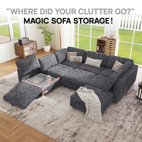 Image of 128 inch Modular Sectional Chenille Sofa bed with Hidden Storage, Comfy Modern 8 Seater Oversized Deep Seat Couch, Modular Sectional with Ottoman and Removable Cover for Living Room, Apartment, Gray