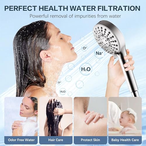 Image of BRIGHT SHOWERS Filtered Shower Head with Handheld, High Pressure 9 Spray Mode Showerhead with Long Hose and Bracket, Water Softener Filters Beads for Hard Water - Removes Chlorine, Brushed Nickel
