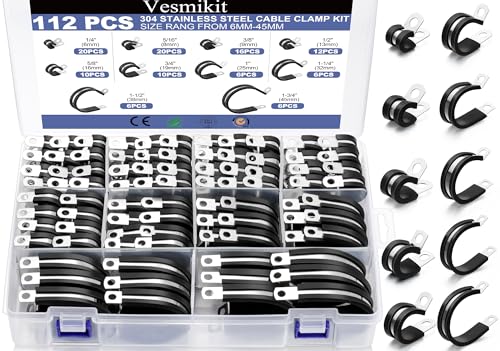 Cable Clamps112 PCS 10 Sizes-1/4 5/16 3/8 1/2 5/8 3/4 1 1-1/4 1-1/2 1-3/4 Stainless Steel Pipe Clamp Assortment Kit Rubber Cushion Insulated Wire Clamps for Hose Tube Automotive Fuel Line