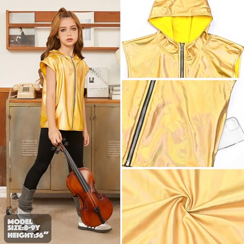 Image of Jxstar Girls Metallic Hoodie Vest Kids Shiny Zip Up Outfit Sleeveless Disco Shirt with Pocket