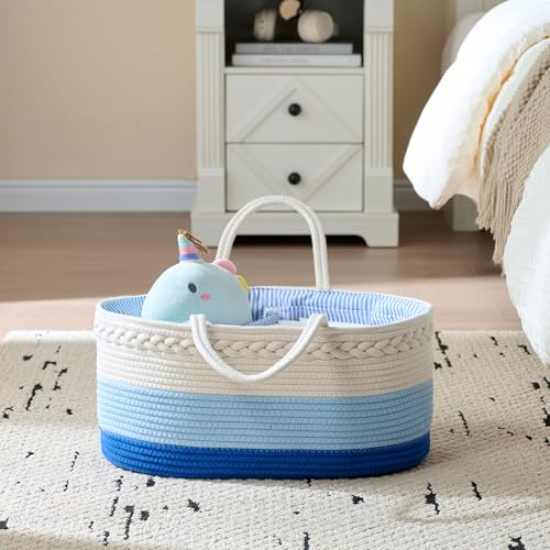 Image of luxury little Diaper Caddy Organizer, Large Cotton Rope Nursery Baby Basket, Changing Table Organizer for Baby Diaper Storage, Portable Car Organizer Removable Divider (Blue, Extra Large)