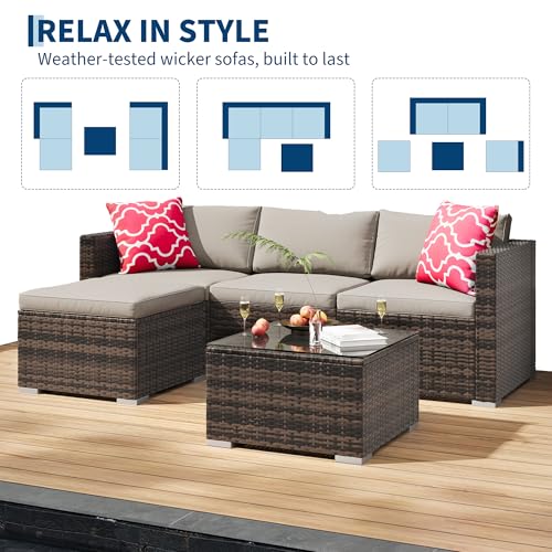 GAOMON 5-Piece All-Weather Patio Furniture Set, Convertible Outdoor Sectional Sofa with Ottoman & Tempered Glass Table, PE Rattan Conversation Set for Garden, Backyard, Porch, Poolside - Thumbnail 7