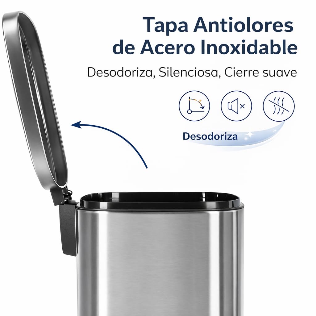 T-LOVENDO.ES Cubo de Basura 50L Grande de Acero Inoxidable con Pedal | Papelera con Tapa Anti-Olores | Sistema Sujeta Bolsas | Diseño Moderno | Apertura Suave y Silenciosa | Cocina Baño Oficina