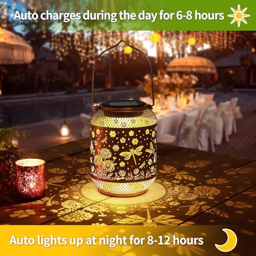 Image of Solar Lanterns Outdoor Waterproof Dragonfly Garden Decor Birthday Gifts for Women Mom Grandma Hanging Solar Lights Metal Decoration Outside for Yard, Patio, Backyard, Porch, Pathway