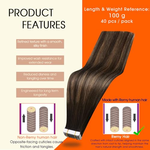 Image of Full Shine Brown Hair Extensions Color 2 /8 /2 Balayage Brown Tape in Hair Extensions Human Hair 20Inch Remy Straight Extension 100G 40Pcs Soft Silky Seamless Skin Weft