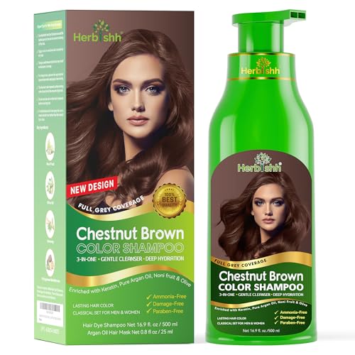 Herbishh Hair Colour Shampoo for Grey Hair, Chestnut Brown, 500 ml, Ammonia-Free 3-in-1 Hair Dye Shampoo, Colours Hair in Minutes, Long-Lasting Colour