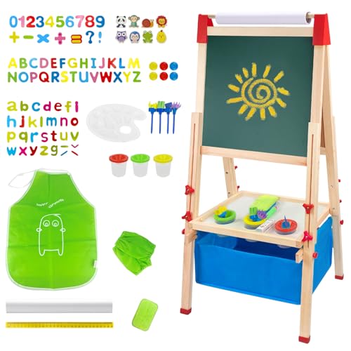 3-in-1 Adjustable Kids Art Easel,Toddler Easel with Magnetic Whiteboard, Chalkboard & Paper Roll, Dual-Sided, Wooden Art Station with 100+ Accessories for Toddlers & Kids 3-8