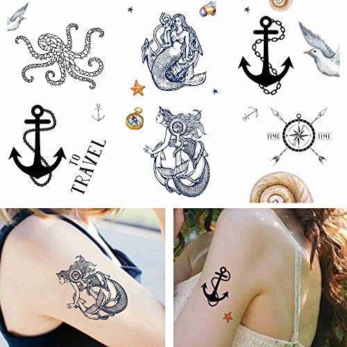 Tattoonova 24 Sheets Temporary Tattoo Women Adults Octopus Party Favors Mermaid Body Face Sleeve Anchors Fake Tattoos #TOP1