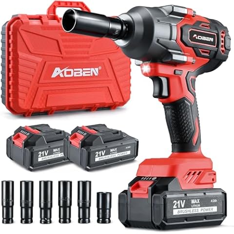 AOBEN Power Impact Wrench 800N.M, 1/2 Inch Cordless Impact Gun, High Torque 590 Ft-lbs Electric Impact Wrench Set with 2 X 4.0Ah Battery, Fast Charge, 6 Sockets, Tool Case Cover