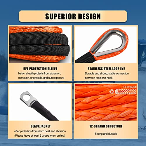 1/4" X 50Ft 8000Lbs Synthetic Winch Rope Line Cable Rope With Black Protecting Sleeve For Atv Utv，Orange #TOP2