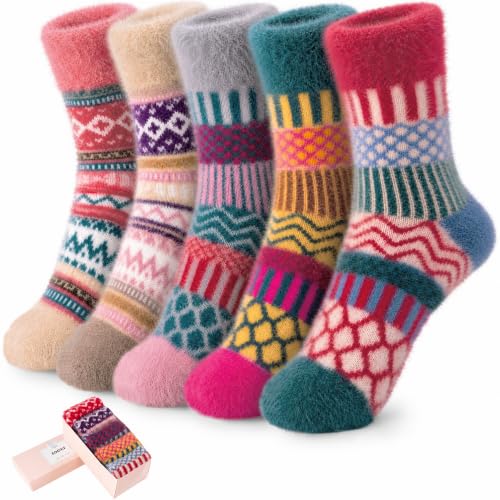 Image of ICEIVY 5 Pair Comfy Fuzzy Warm Winter Cozy Socks Birthday Gifts for Women | Plush Soft Socks Cloud Wool Thick Fluffy Vintage Style Premium Gift-Boxed Socks for Wife Mom Sister Grandma or Girlfriend