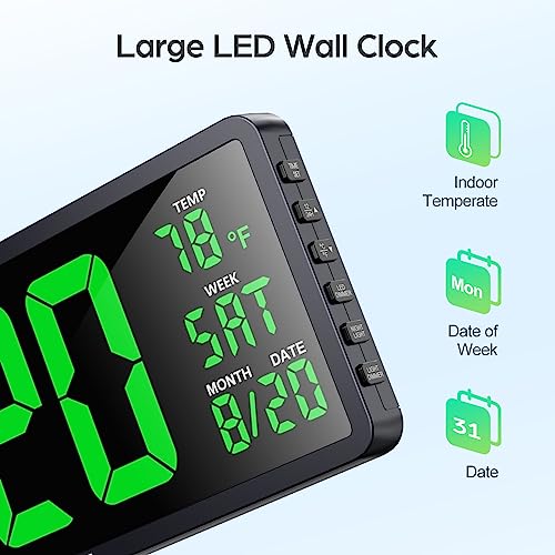 Yortot 16” Large Digital Wall Clock With Remote Control And 7 Night Lights, 4 Level Dimmer, Super Easy To See, Big Led Clock With Indoor Temperature, Date, Perfect For Home, Office, Gym (Green) #TOP5
