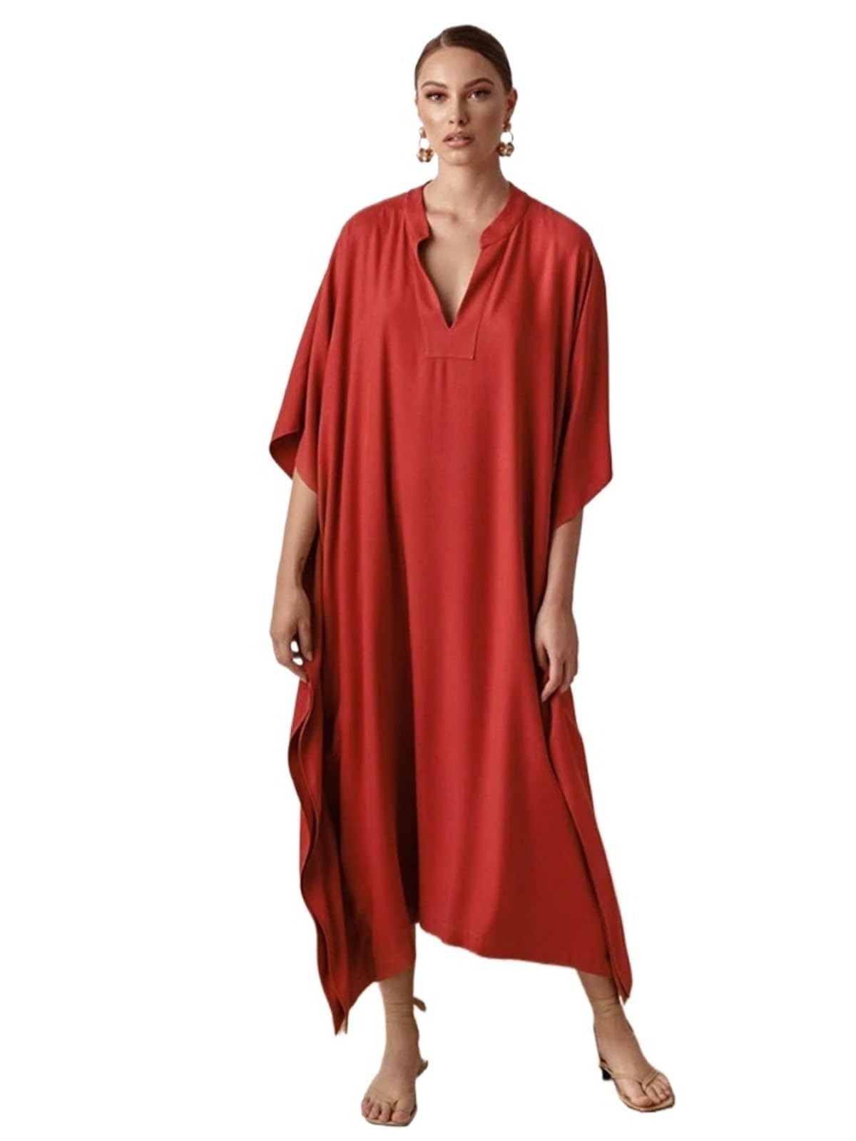 Pareo Femme Plage Maillot de Bain Couvrir Femmes Plage Tunique Solide col en V élégant été Longue Robe Ample Maillots Maillot