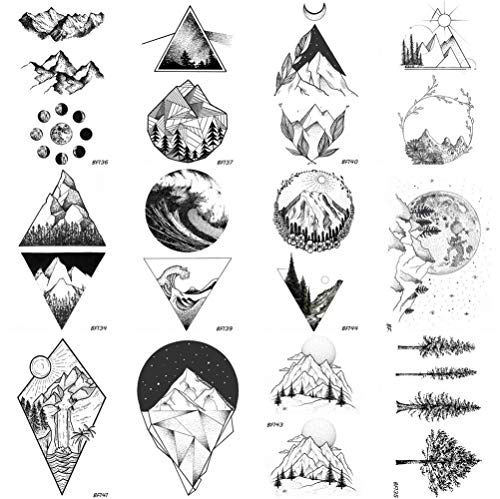 COKTAK 12 Fogli Geometria Triangolo Montagna Tatuaggio Temporaneo Adesivo Copertura Donne Uomo Corpo Braccio Arte Disegno Impermeabile Falso Mare Nero Tessere Tattoos Temporanei Carta foresta Monte