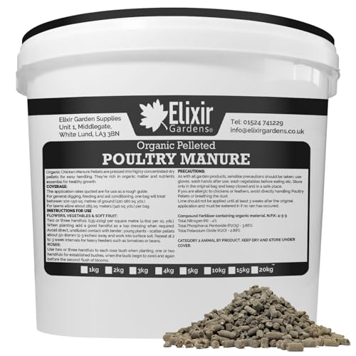 Elixir Gardens Organic Chicken/Poultry Manure Pellets | 10kg Supplied in Re-Sealable Tub | Treats up to 250sqm