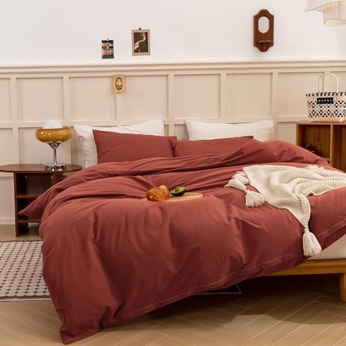 Image of ECOCOTT Duvet Cover Queen Size - Linen Feel Organic Natural 100% Washed Cotton, Soft Breathable 3 Pieces Bedding Set with Zipper Closure, Burnt Brick Red