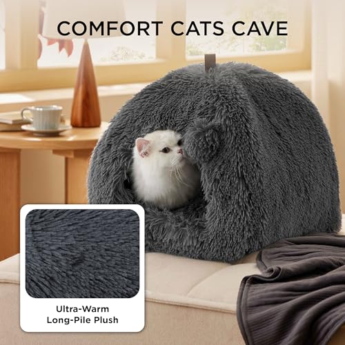 BEDSURE Katzenbett große Katzen Katzenhöhle- 40x40x40 cm Plüsch Katzenhaus Indoor mit abnehmbarem Katzenkissen und hängendem Spielzeug, Katzen Bettchen waschbar, dunkelgrau