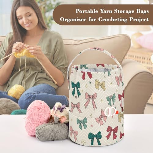Image of ElliTarr Crochet Bag Yarn Bag with Handle Portable Knitting Project Bag Travel Yarn Storage Organizer Holder Case Bows and Stars Beige