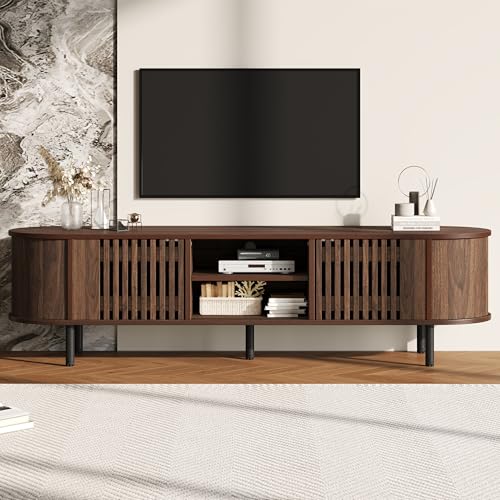 A ALFRESCOOL Mueble para TV, salón, mueble de TV, mesa baja con 2 armarios y diseño de madera calada, con 5 patas de apoyo, para televisores de 65 pulgadas, 160 x 40 x 47 cm (color nogal)