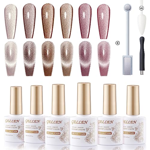 GELLEN Glitter Cat Eye Gel Nail Polish Set - Mothers Day Gifts 6 Colors Magnetic Nail Polish with Magnet, Brown Pink Colors Gel Polish Soak off UV Nail Lamp, Salon Manicure and Nail Art DIY at Home
