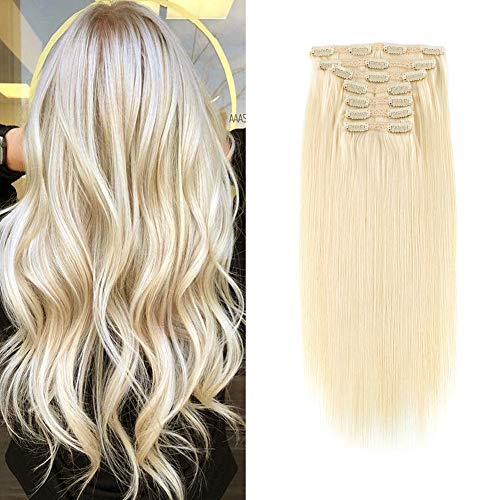 Sassina Blonde Clip in Extensions Straight Real Remi Human Hair Lace Clip ins Full Head, 7 Pieces with 18 Clips Platinum Ash Blonde #60, 120 Grams 20 Inch