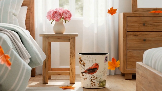 Image of PU Leather Small Trash Can Wastebasket, Round Garbage Container Basket for Bathrooms, Laundry Room, Kitchens, Offices, Kids Rooms, Bedrooms,Dorms,Home Decorative Art Bin, 2.9 Gallon(Bird Design)