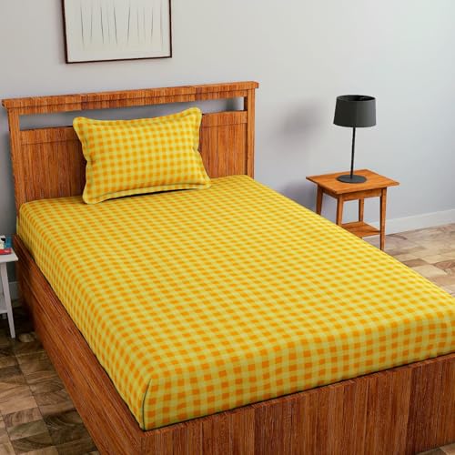 Image of Pure Cotton Checked Printed Single Bed Sheet (60x90 Inches) with 1 Pillow Cover (18x28 Inches)- Pink (Yellow)