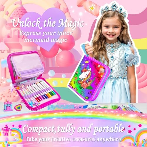 Image of weirtoya 53 PCS Washable Scented Markers Set with Glitter Pencil Case, Mermaid Unicorn Arts and Crafts for kids 4-6-8 Kids Coloring Drawing Kits for 4-8 Years Old Girls Birthday Gifts