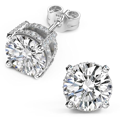 18K White Gold Plated Sterling Silver Pave Round Cut Cubic Zirconia Stud Earrings 4 Prong CZ Simulated Diamond Stud Earrings for Women Men Hypoallergenic - Main Image