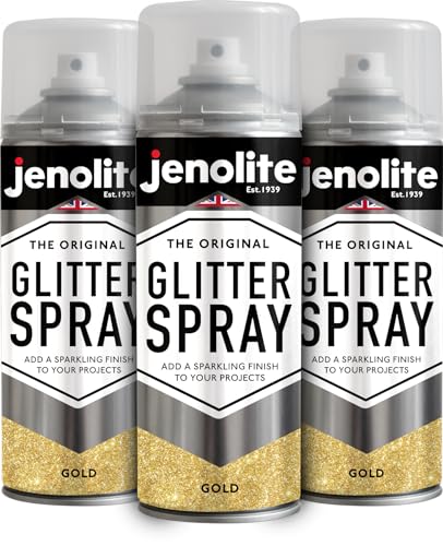JENOLITE Pintura en aerosol con purpurina | ORO | Pintura con purpurina de colores | Multisuperficie | Ideal para Marcos de Fotos, Espejos, Adornos y Manualidades | 3 x 400ml