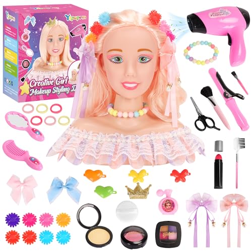 41PCS Deluxe Head Styling Doll Girls Kids Head for Makeup and Hair Salon Doll Toy Pretend Play Hair Styling Kit With Hairdryer Curling Iron Eye Shadow Powder Hair Clip Set Birthday Gift for 8+ Child