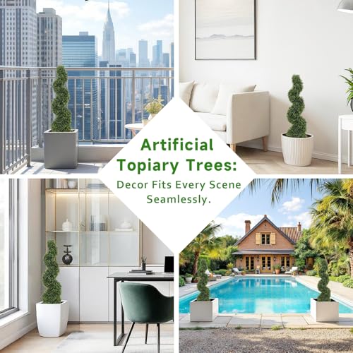 THE BLOOM TIMES 3ft Spiral Topiary Trees Artificial Outdoor Set of 2, 36" Faux Boxwood Plants Outside - All-Year Green Fake Twisted Tree for Garden Front Porch Planter Decor 3 Foot
