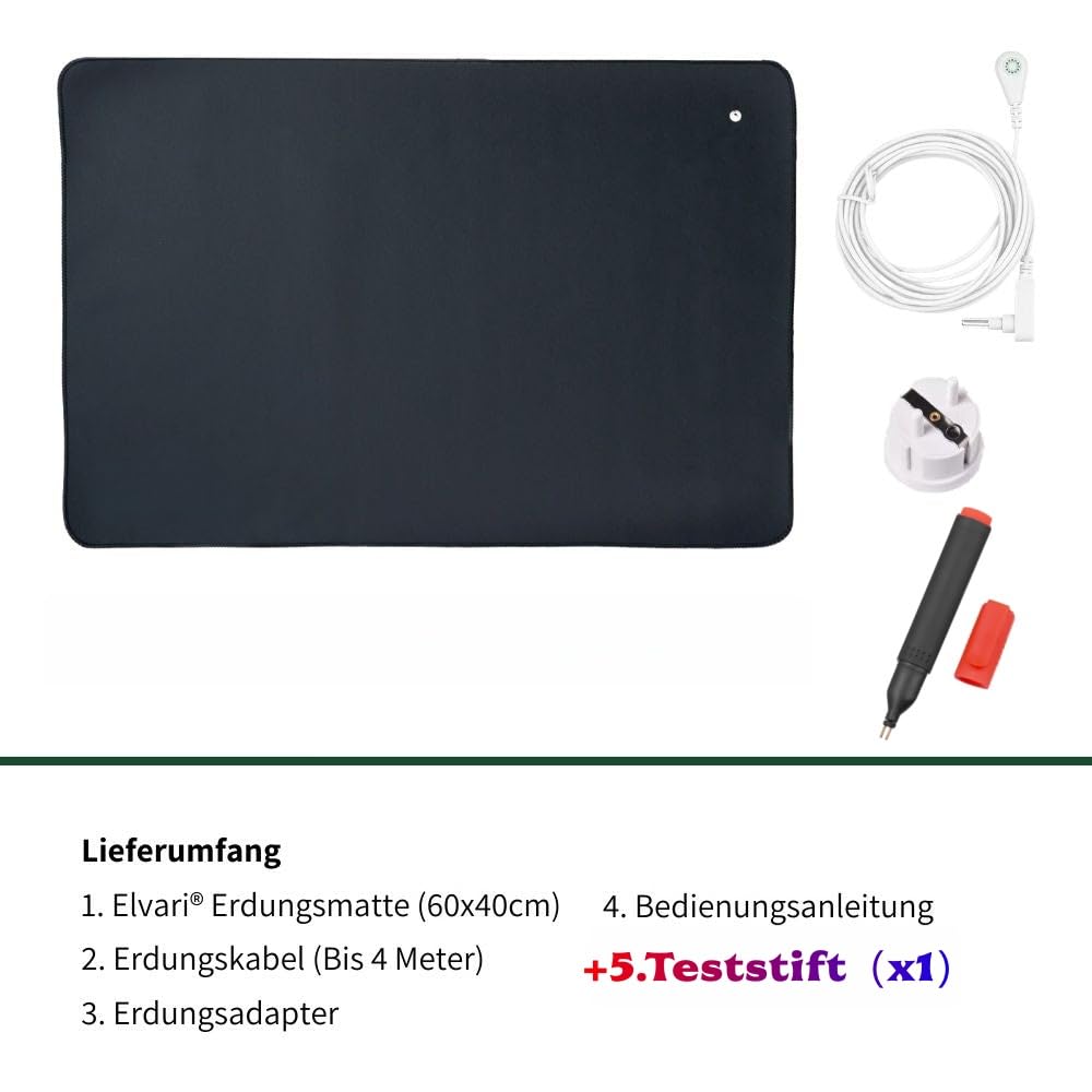 elvari erdungsmatte, Erdungsmatte 60x40cm mit 4m Erdungskabel 100kΩ Widerstand CE 10A geprüft leitfähige Carbon PU Oberfläche Kautschukunterseite EU Adapter Grounding Matte für Büro Bett Sofa
