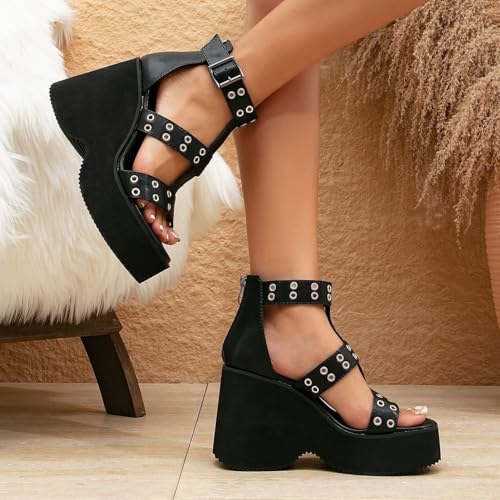Women's High Top Rivet Platform Sandals Y2K Wedges Goth Open Toe Ankle Boots Studded Punk Heels Platform Black Sandals3