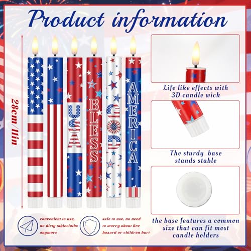 Image of Aurelema 6 Pcs 4th of July LED Flameless Candle Set 250th Anniversary Patriotic Taper Candles Battery Operated with Remote God Bless American USA Flag Candles for Independence Day Decor Party Favors