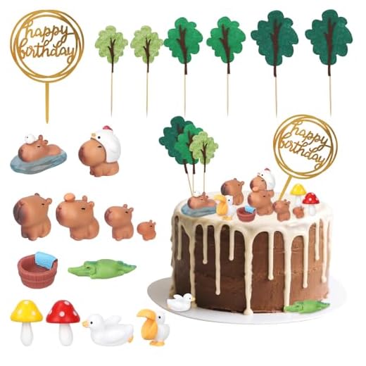 Tinoaly 19uds Juego Adornos para Tartas de Capibara, Decoración Pastel Animales del Bosque Capibara de Resina Decoración Jardín Hadas para Baby Shower Fiesta Cumpleaños Casa Muñecas Escritorio