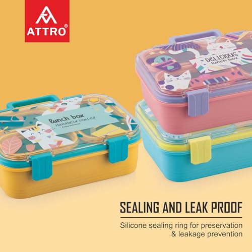 Image of ATTRO Kitty Kart Plastic Lunch Box - 3 Compartment Bento Tiffin, Leak-Proof & Durable, Plastic Cutlery, Ideal for Kids, School,Picnic - 800ml, Blue Orange