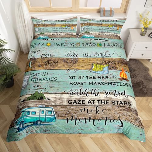 Camping Rules Duvet Cover Camper Bedding Set Queen Size for Kids Child,Rustic Cabin Camping Comforter Cover(No Comforter),Farmhouse Camping Decor Quilt Cover Vintage Wooden Plank Happy Camping Decor