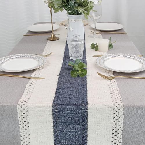 Image of FEXIA Boho Blue Table Runner 48 Inches Long with Tassels Macrame Farmhouse Summer Style Graduation Party Rustic Wedding Baby Shower Dining Kitchen Living Room Decor (12x48 Inches)