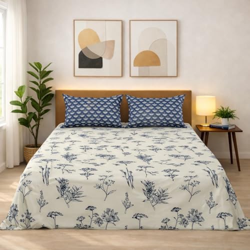 VOMZER Floral Microfiber Soft Cotton Bedsheet for Double Bed | King Size 108 x108 inch (275x275 cm) 9 Feet |2 Large Size Pillow Covers Without Joint - Grey, 300 TC - 350 tc