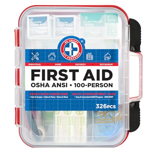 Be Smart Get Prepared First Aid Kit Hard Red Case 326 Pieces Exceeds OSHA and ANSI Guidelines 100 People – Office, Home, Car, School, Emergency, Survival, Camping, Hunting and Sports (20HBC01015REV3)