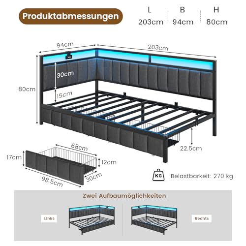 DICTAC Polsterbett Schlafsofa 90x200 mit LED-Beleuchtung und USB-Ladestation,Jugendbett Tagesbett 90x200 mit Lattenrost aus Metall und 2 Schubladen,Gästebett,Bettgestell ohne Matratze,Dunkelgrau