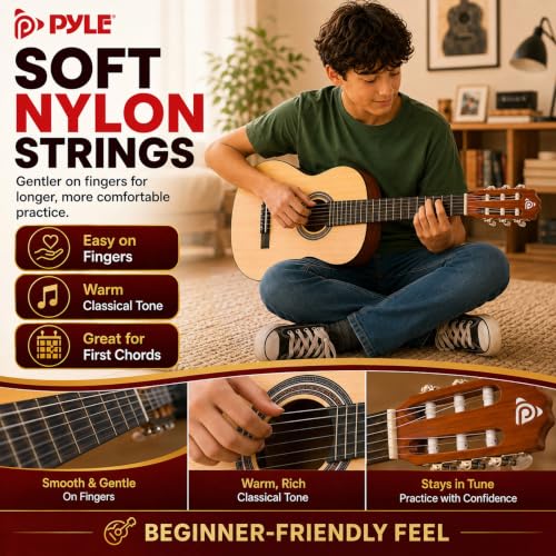 Image of Pyle 30-Inch Beginner Acoustic Guitar Kit, 1 /4 Size Junior Classical Nylon String Guitar for Kids and Adults, Includes Gig Bag, Strap, Spare Strings, Picks, Cleaning Cloth, Natural Ash, Gloss