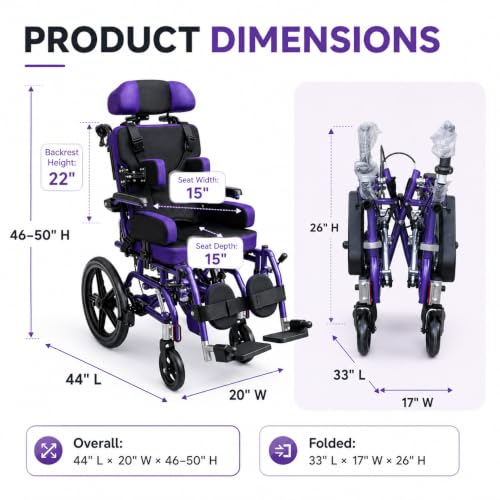 Image of Pediatric Cerebral Palsy Wheelchair - Foldable Adjustable Reclining Wheelchair for Kids,Children's Mobility Wheelchair,Ergonomic Medical Transport Chair for Children with Special Needs (Purple)