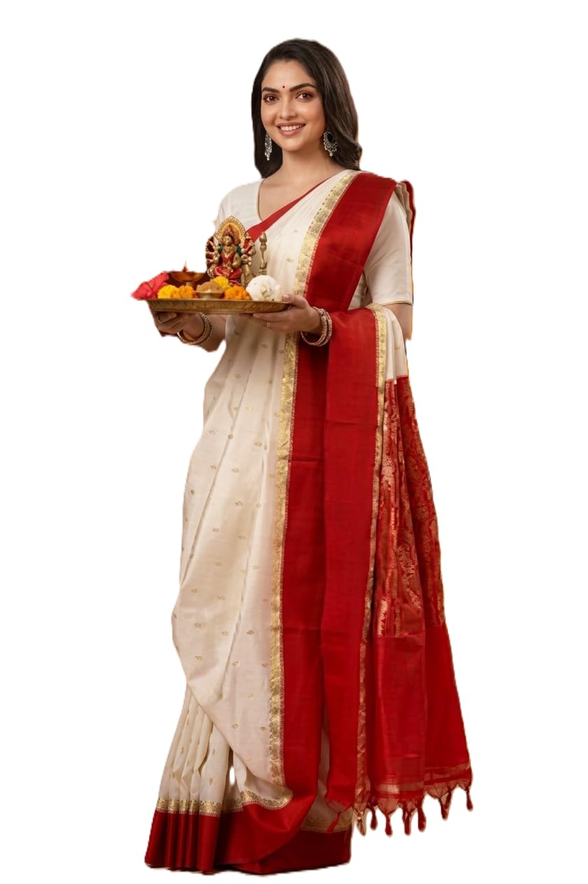 Traditional Bengali Gorod Sarees for Women Red and White Durga Puja Garad Silk Kanjivaram Goroder Lal Paar Sada Border Handloom Sari Latest Banarasi Soft lichi Handmade Zari Buti Sadi Blouse Piece-image-24