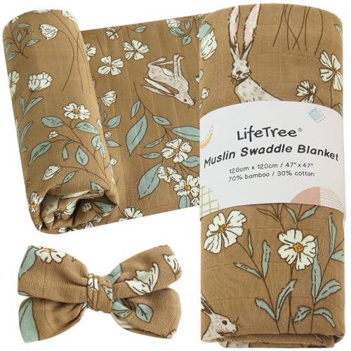 Image of LifeTree Baby Swaddle Blanket and Bow Set, Boho Floral Muslin Newborn Swaddle Set with Matching Headband Bow, Infant Receiving Blanket Wrap, 47 x 47 inches, 70% Viscose Bamboo and 30% Cotton