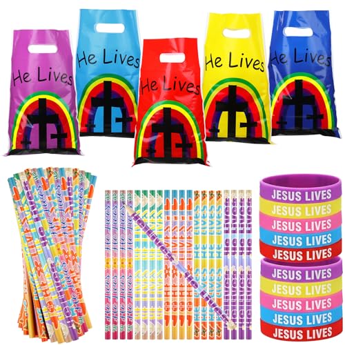 Ireer 60 Sets/ 180 Pcs He Lives Easter Party Favors, Include 60 Christian Cross Goody Bags 60 Religious Pencil 60 Bible Verse Silicone Wristband Bracelets for Easter Basket Stuffers Church Gifts