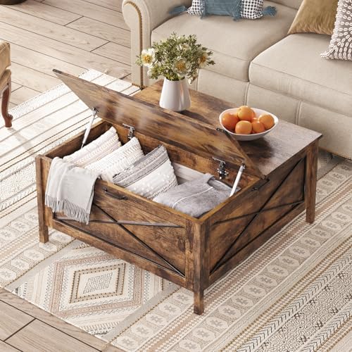 Maupvit Lift Top Coffee Table,Square Center Table with Hidden Storage Compartment, Farmhouse Wood Coffee Table for Living Room,Bedroom, Home Office