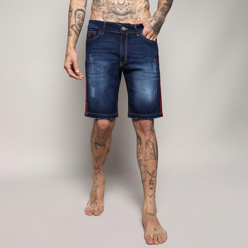 Image of CAHOOT Men's Denim Shorts for Casual Wear | Dark-Wash | Regular Fit | Button Closure | Cotton Denim Shorts Crafted with Comfort Fit for Everyday Wear